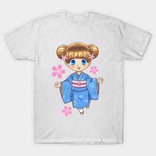 Chibi Girl with Cherry Blossoms in Kimono T-Shirt